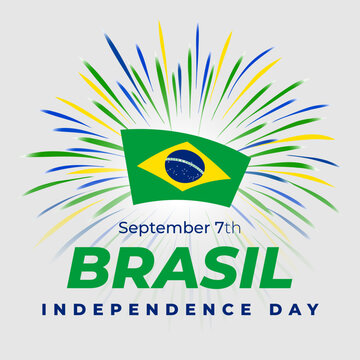 September 7, brazil independence day, brazilian colorful fireworks, flag on white background. National holiday september 7th independence day of brazil. Greeting card. Vector illustration