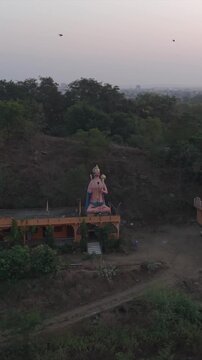 Vertical Aerial View of Hanuman Temple on the Banks of the Narmada River, Madhya Pradesh, India