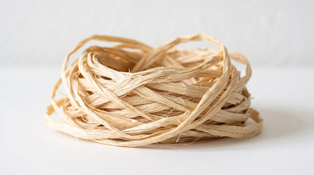 Natural raffia ribbon bundle isolated on a clean white background.