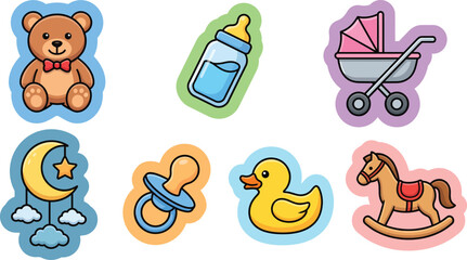 Fototapeta premium Baby Essentials Sticker Icons for Apps, Websites, Parenting Blogs, Baby Showers and Nursery Design