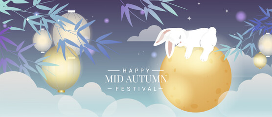 Naklejka na ściany i meble Mid Autumn Festival vector background wallpaper with sleeping jade rabbit on glowing moon, bamboo branches, hanging lanterns, clouds and starry blue night sky