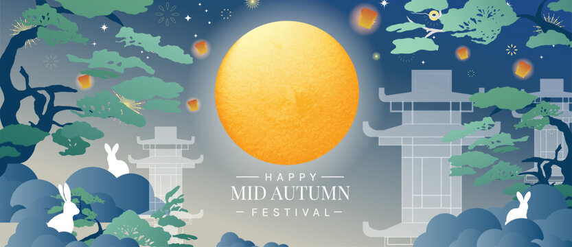 Mid Autumn Festival vector background wallpaper with jade rabbits, glowing full moon, floating lanterns, pine trees, Chinese pavilion gates and blue cloud landscape