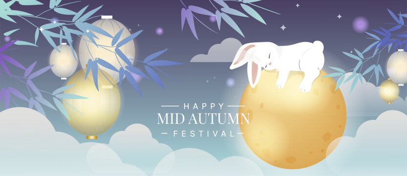 Mid Autumn Festival vector background wallpaper with sleeping jade rabbit on glowing moon, bamboo branches, hanging lanterns, clouds and starry blue night sky