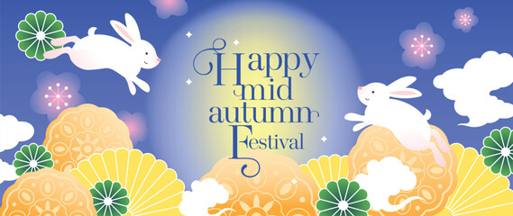 Naklejka na ściany i meble Mid Autumn Festival vector background wallpaper with two jade rabbits on mooncakes, glowing full moon, hanging lanterns, osmanthus blossoms and purple sky