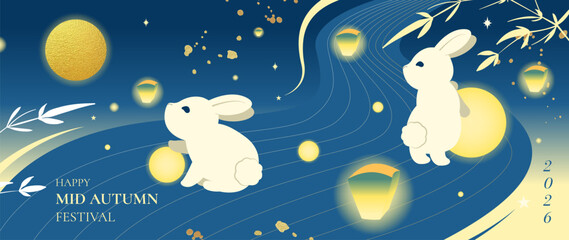 Naklejka na ściany i meble Mid Autumn Festival vector background wallpaper with two jade rabbits on mooncakes, glowing full moon, hanging lanterns, osmanthus blossoms and purple sky