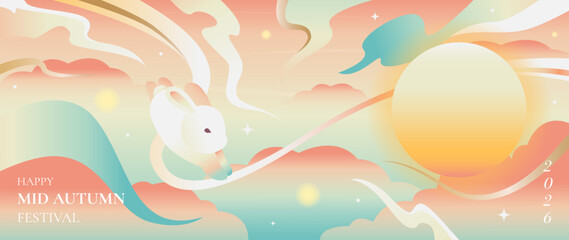 Naklejka na ściany i meble Mid Autumn Festival vector background wallpaper with white jade rabbit, glowing full moon, flowing ribbons, abstract mountains, clouds and pastel gradient sky