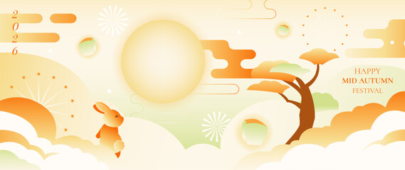 Naklejka na ściany i meble Mid Autumn Festival vector background wallpaper with orange jade rabbit, glowing full moon, stylized pine tree, fireworks, clouds and 2026 typography