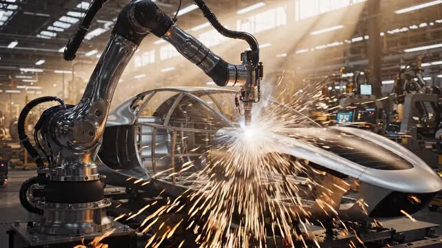 Automated robotic arm performing welding on a car chassis in a modern factory, sparks flying during production, industrial manufacturing process