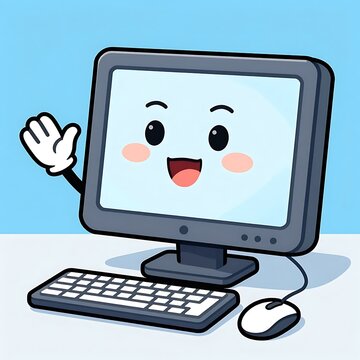 Happy cartoon computer waving hello