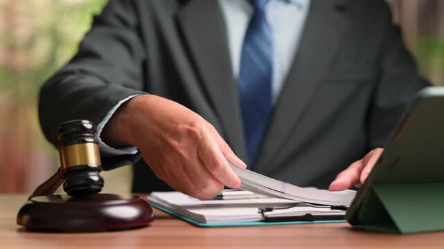 Male judge wearing dark suit sits inside courtroom desk near wooden gavel, cash money, digital tablet, reviewing legal document evidence, representing corruption, bribery, court justice.