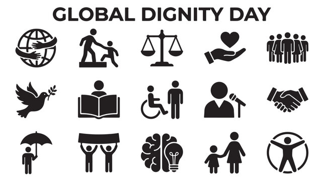 Global Dignity Day icon set, human rights and social justice symbols, black flat vector icons for equality and community support