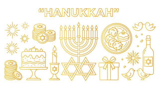 Hanukkah holiday symbols vector line art set with menorah star of david and festive food.