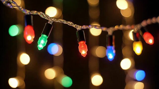 Bright colorful string lights blinking on a festive bokeh background creating a cheerful mood