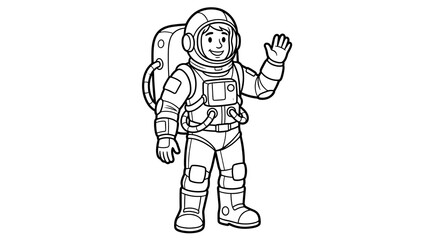 Fototapeta premium Classic Astronaut Waving Hello, Black and White Line Art Illustration for Coloring Pages, Space Exploration Concept, Isolated on White Background