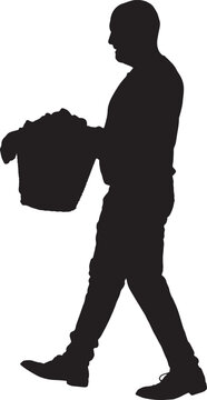 vector,silhouette of  side view of a man with a basket of dirty clothes walking