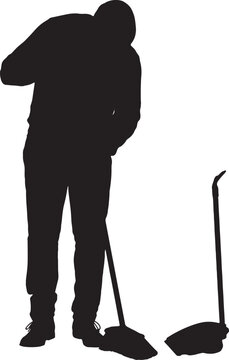 vector,Silhouette of man with a broom and dustpan sweeping