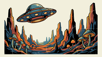 Vintage Flying Saucer Hovering Over Alien Landscape with Giant Mushrooms, Retro Sci-Fi Illustration, Stylized Rocky Terrain with Warm Color Palette © orbit