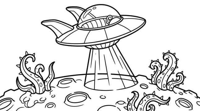 Vintage Flying Saucer UFO Landing on Alien Planet with Tentacle Plants, Black and White Line Art Illustration, Coloring Page Style