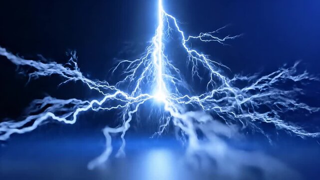 Powerful blue lightning bolt striking a dark foggy surface with electrical energy