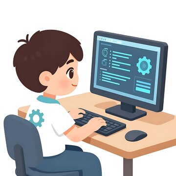 Young boy sitting at desk working on a computer