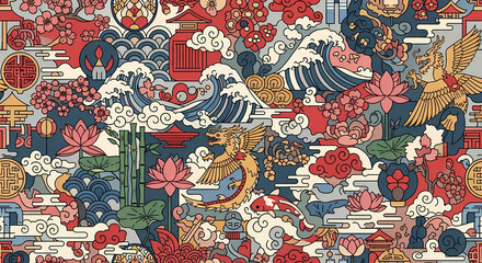 Fototapeta premium Traditional Asian Motif Seamless Pattern with Dragon and Lotus