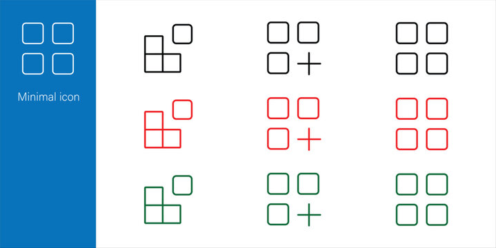 Minimalist square grid layout icons with plus sign, simple line art blocks for UI wireframe and dashboard design, vector illustration