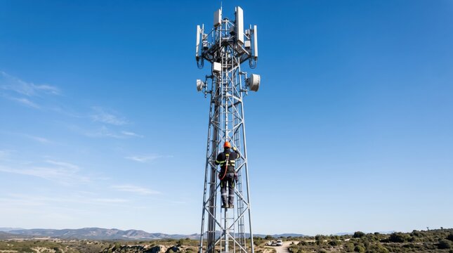 Telecommunications technician climbing metal cell tower for maintenance work under blue sky, mobile network infrastructure and signal coverage concept.