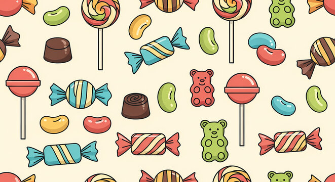 Colorful Seamless Candy Pattern with Lollipops and Gummy Bears