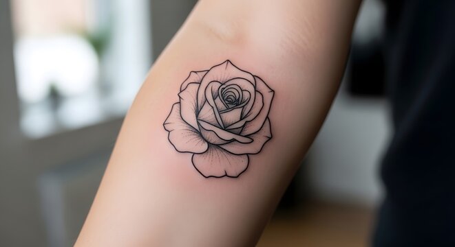 Small rose tattoo on a person's arm. Minimalist floral ink design on skin.