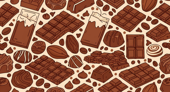 Seamless Chocolate Pattern with Various Cocoa Bars and Truffles