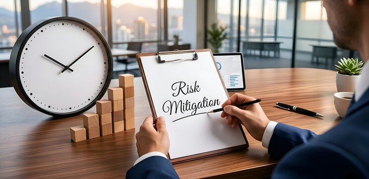 Corporate Risk Mitigation Strategy with Wooden Blocks and Planning Documents in Modern Office