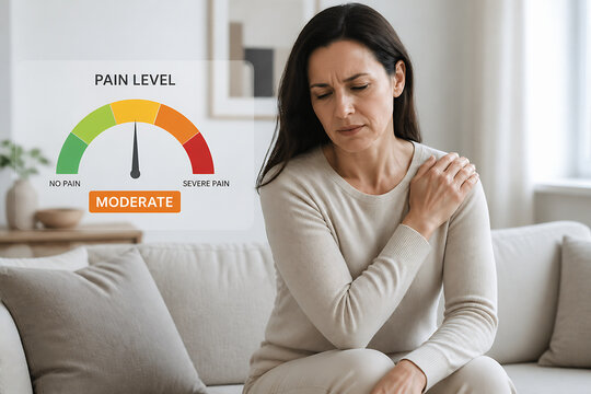 A woman is sitting on a couch, looking uncomfortable while a pain level indicator graphic is displayed next to her.