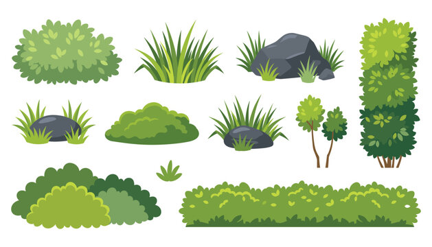 Green bush vector illustration set. Garden shrubs, grass tufts, stones, boulders, hedges, small trees and nature landscape elements.