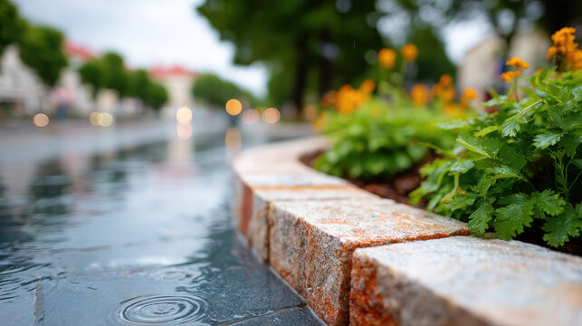 Low angle puddle and curb close-up with raindrop ripples on wet pavement and decorative planting for urban landscape banner or background use in shallow depth