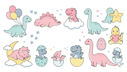 Cute dinosaur vector illustration set. Baby dinosaurs hatching, balloons, stars, clouds, egg, crescent moon and nursery cartoon characters. © Creative Studio 