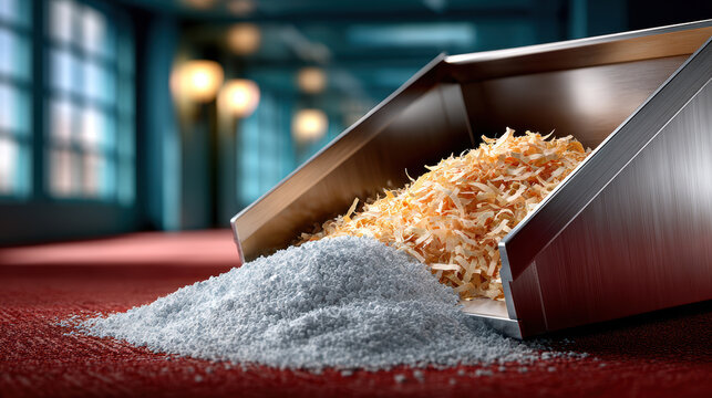 Metal dustpan spilling blend of sawdust and fine powder onto carpeted floor inside dim room with architectural windows and ambient lamplight suggesting maintenance or cleanup activity