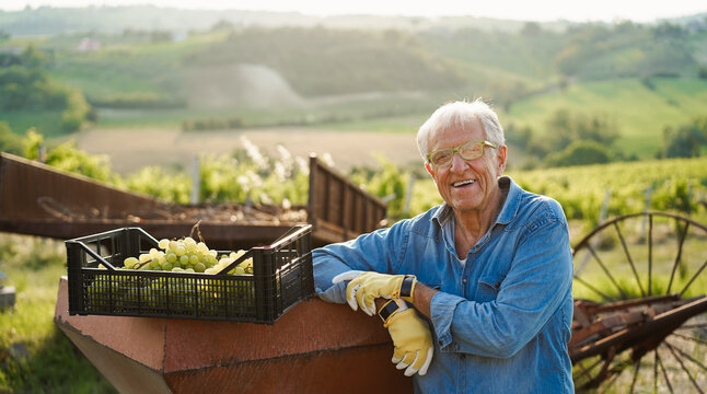 Senior wine producer collecting grapes for organic production - Tradition, farmer lifestyle and small business concept - Focus on face - UGC content