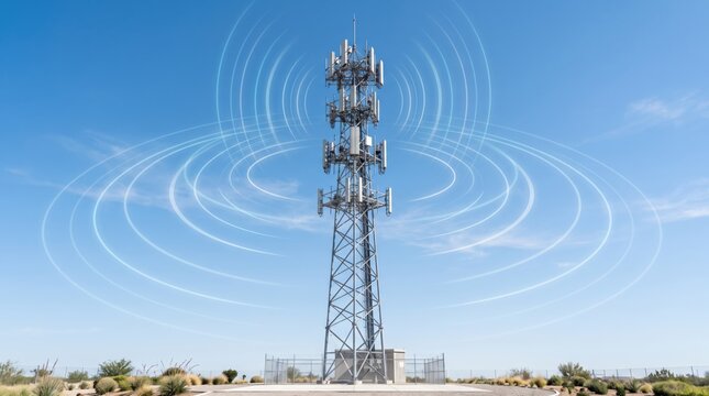 Telecommunication tower in desert landscape emitting 5G signal waves, wireless network connection technology against blue sky