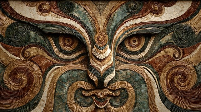 Ancient Minoan carved wall relief featuring intricate mask abstract face with swirl spiral motifs.