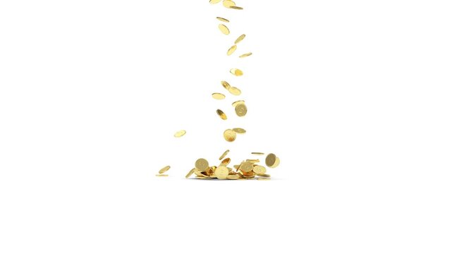 Gold coins fall from above, bounce and scatter across a white background, gradually forming a growing pile in a clean minimal, 3D animation