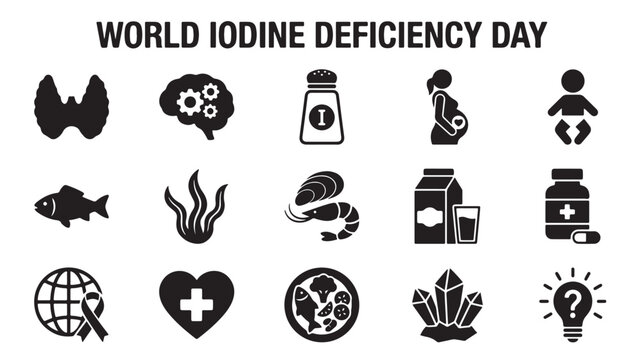 World Iodine Deficiency Day icon set, 15 black vector symbols for thyroid health and nutrition, medical awareness icons for endocrine system wellness
