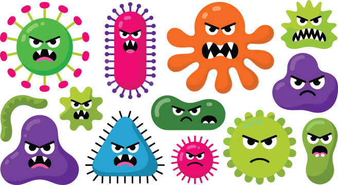 Cute Cartoon Bacteria and Virus Microbes Character Set with Angry Evil Expressions for Medical Education Hygiene Campaigns and Healthcare Prevention Graphic Designs