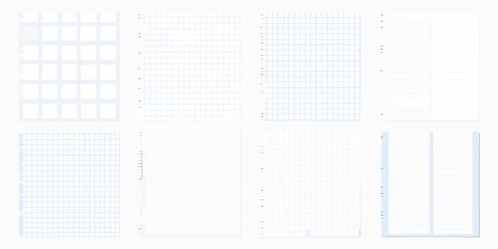collection of six realistic notebook paper pages with various grid patterns stationery lined squared dotted planner journal vector illustration transparent background design template