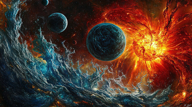 Cinematic Space Illustration Featuring a Vibrant Supernova Explosion with Swirling Blue Nebulae and Celestial Planets