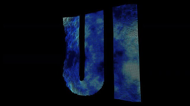 "AI" and "UI" text glowing and rotating creating a 3D hologram transition effect. On a transparent background. 4K animation with alpha channel transparency for articles, broadcast, shows, social media