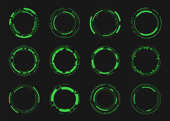 Futuristic green HUD circular interface elements set, neon sci fi radar rings and digital target indicators, cyber technology overlays for gaming, monitoring and broadcast design. Vector isolated set © Ukio.stock