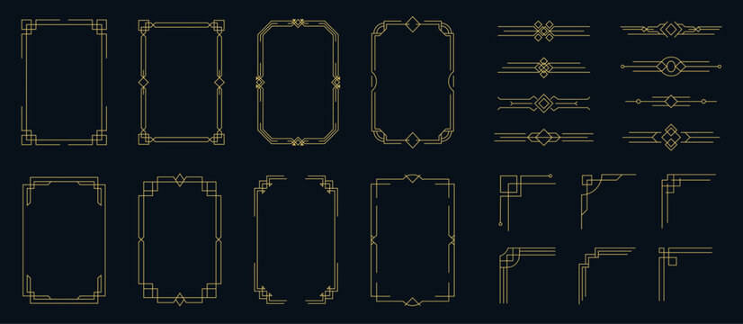 Art deco golden frames, borders, dividers and corner ornaments set, elegant geometric vintage line decorations for wedding invitations, certificates, menus, posters and luxury branding. Vector set