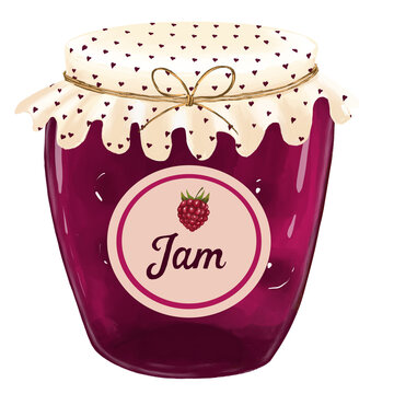 Glass jar of homemade raspberry jam with vintage label and paper cover, watercolor texture cottagecore food illustration isolated on transparent background, sweet berry jelly PNG