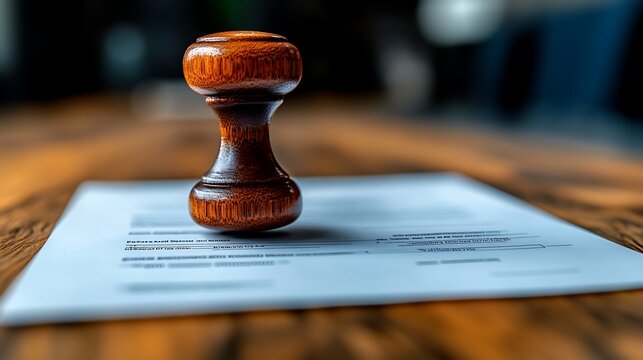 Wooden Stamp on Official Document on Desk.