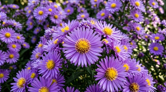 Purple aster flowers in full bloom close up with yellow centers and green foliage